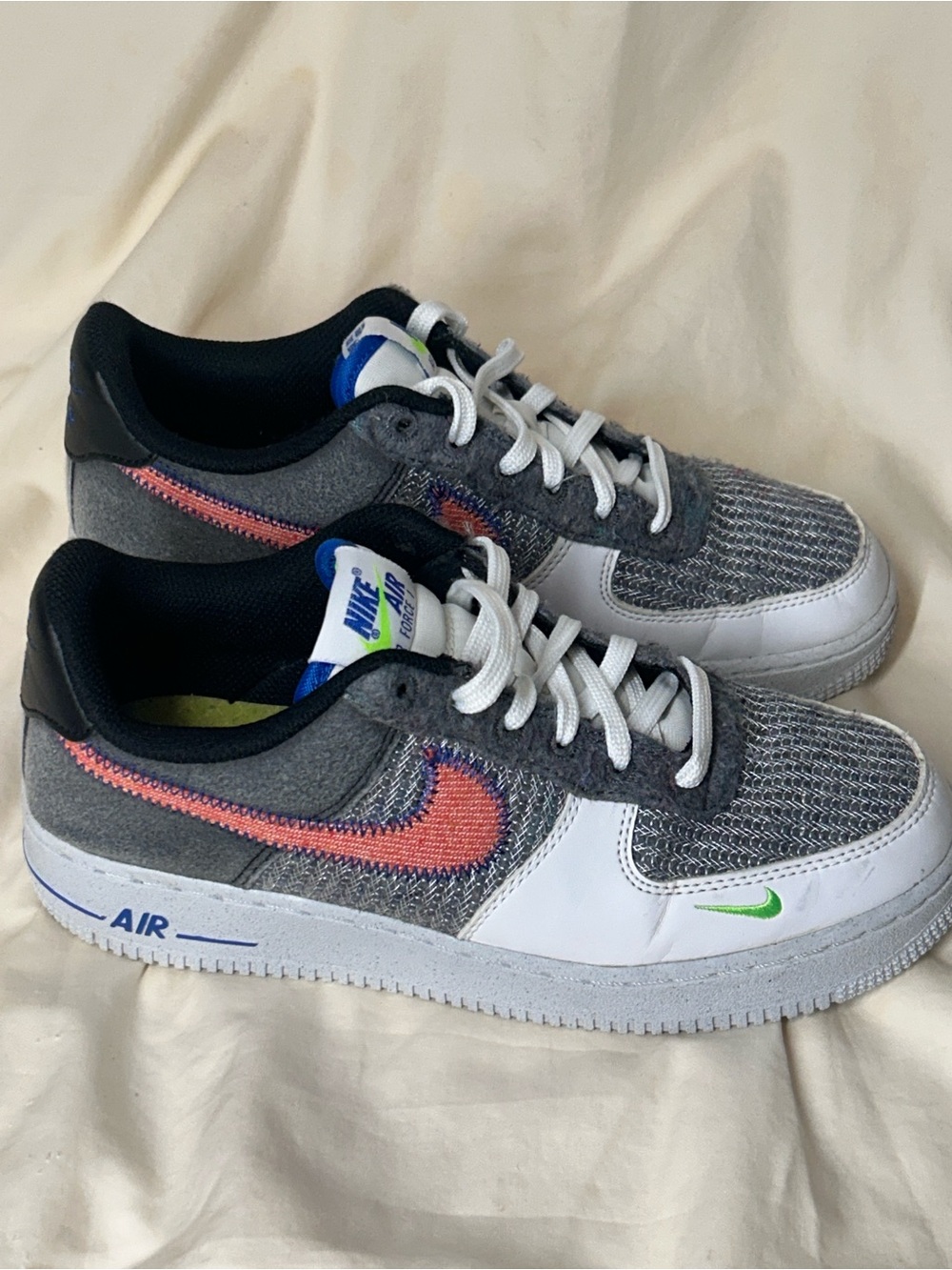 Nike Air Force 1 Low Sneakers - Gray with Coral Swoosh and Green Accent